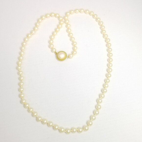 Vintage Crown Trifari Faux Pearl Single Strand Necklace, 24 Inches Long, Signed - Picture 2 of 6